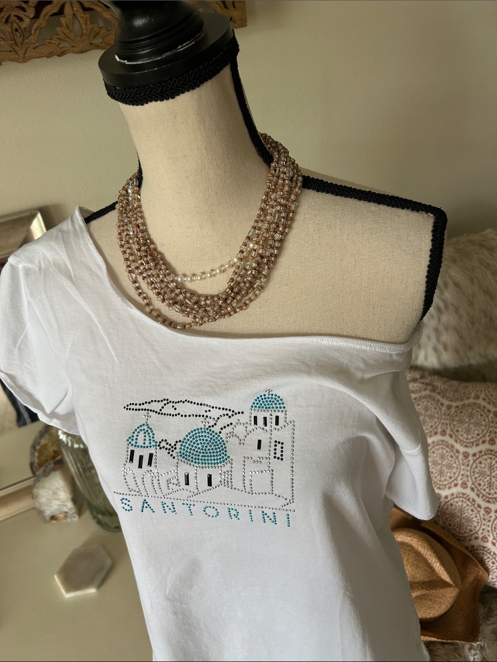 Zoe white cotton Y2K tourist Greece Santorini bedazzled top L - Picture 3 of 10